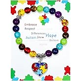 ChungLong0593 Autism Awareness Bracelet 7 Chakra Gemstone Natural Stone Beaded Bracelet Colorful Puzzle Cross Heart Round Pendant Bracelet Autism Colored Beaded Stretch Bracelet Autism Gifts