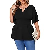 Beauhuty Women's Plus Size Shirts V Neck Loose Tops Ruffle Short Sleeve Blouse Casual Work Trendy Dressy Slit Hem Tunic