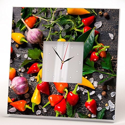 Pepper Garlic Salt Greenery Spices Wall Clock Framed Mirror Printed Food Art Design Home Decor Gift