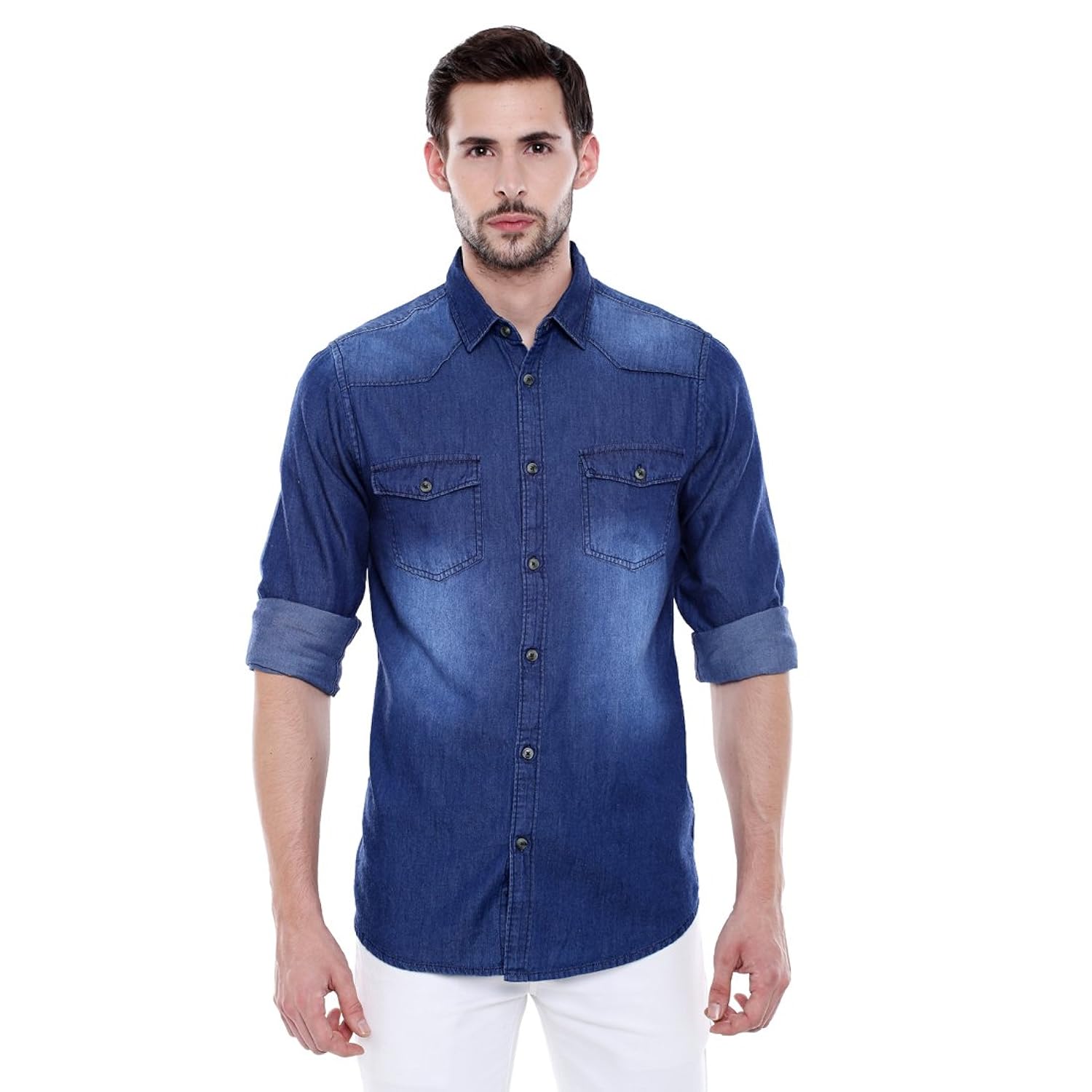 dennis lingo men's denim dark blue solid casual shirt