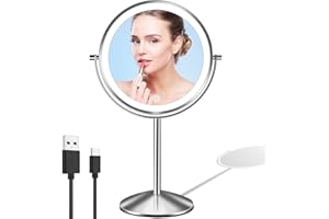 LOVESPEJO Lighted Makeup Mirror with Magnification, 8" Rechargeable Magnifying Mirror with Light, 1x/10x 360°Rotation Touchscreen Make up Mirror, 3 Colors Brightness Adjustable Vanity Mirror, Chrome
