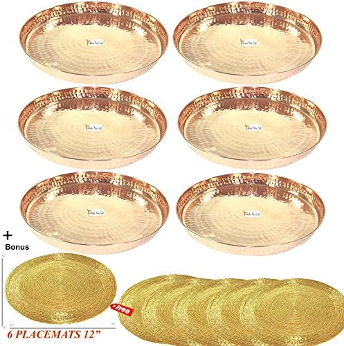 Prisha India Craft Pure Copper Dinner Plate, Diameter 12 Inch | Set of 6