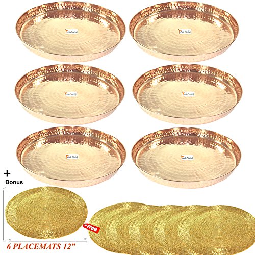 Prisha India Craft Pure Copper Dinner Plate, Diameter 12 Inch | Set of 6