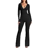 OQQ Women Jumpsuits Long Sleeve Deep V Neck Ruched Flared Jumpsuit