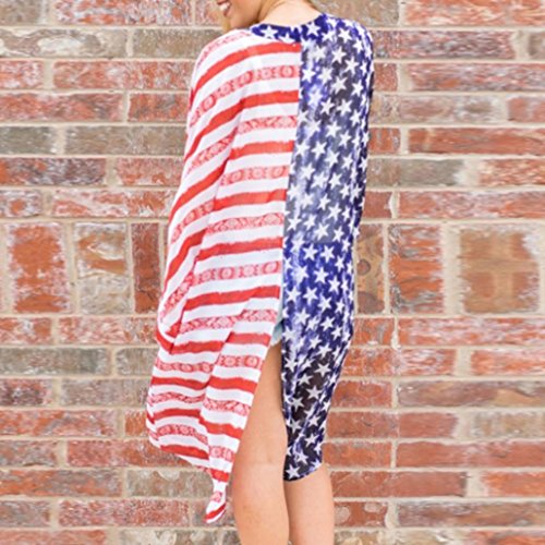 YANG-YI Women American Flag Print Blouse Loose Long Sleeve Transparent Cardigan (M, Blue) - Thumbnail 2
