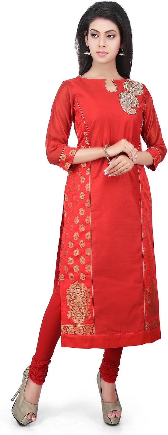 Utsav Fashion Woven Dupion Silk and Banarasi Silk Long Kurta in Red