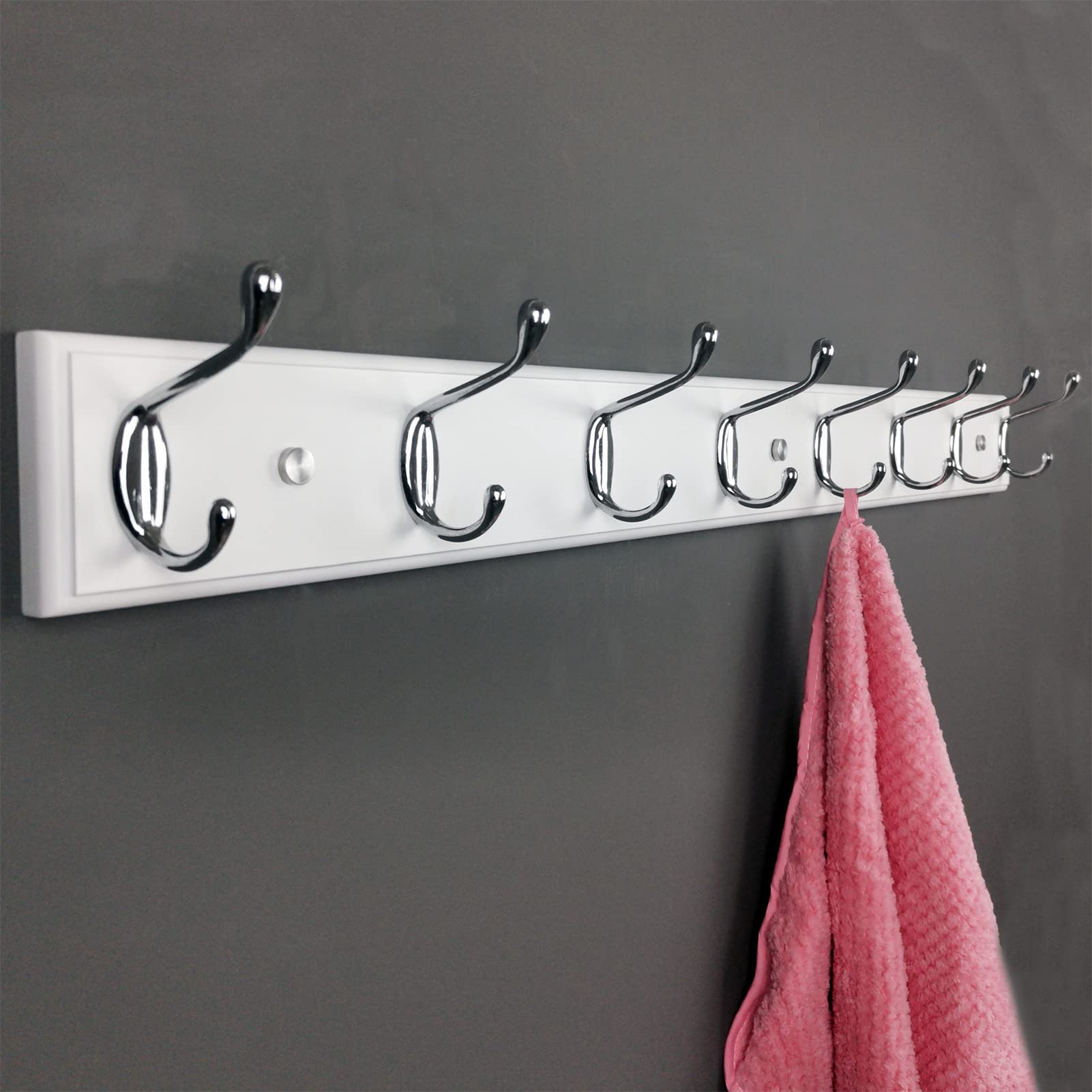 lomejii Long Wooden wall Mounted Coat Rack Wood White 8 Hooks, 80 cm, Sturdy Silver Coat Hook Rack for Clothes, Hats, Bags, Large Modern Wooden Coat Rack for Entrance Hallway Bedroom.