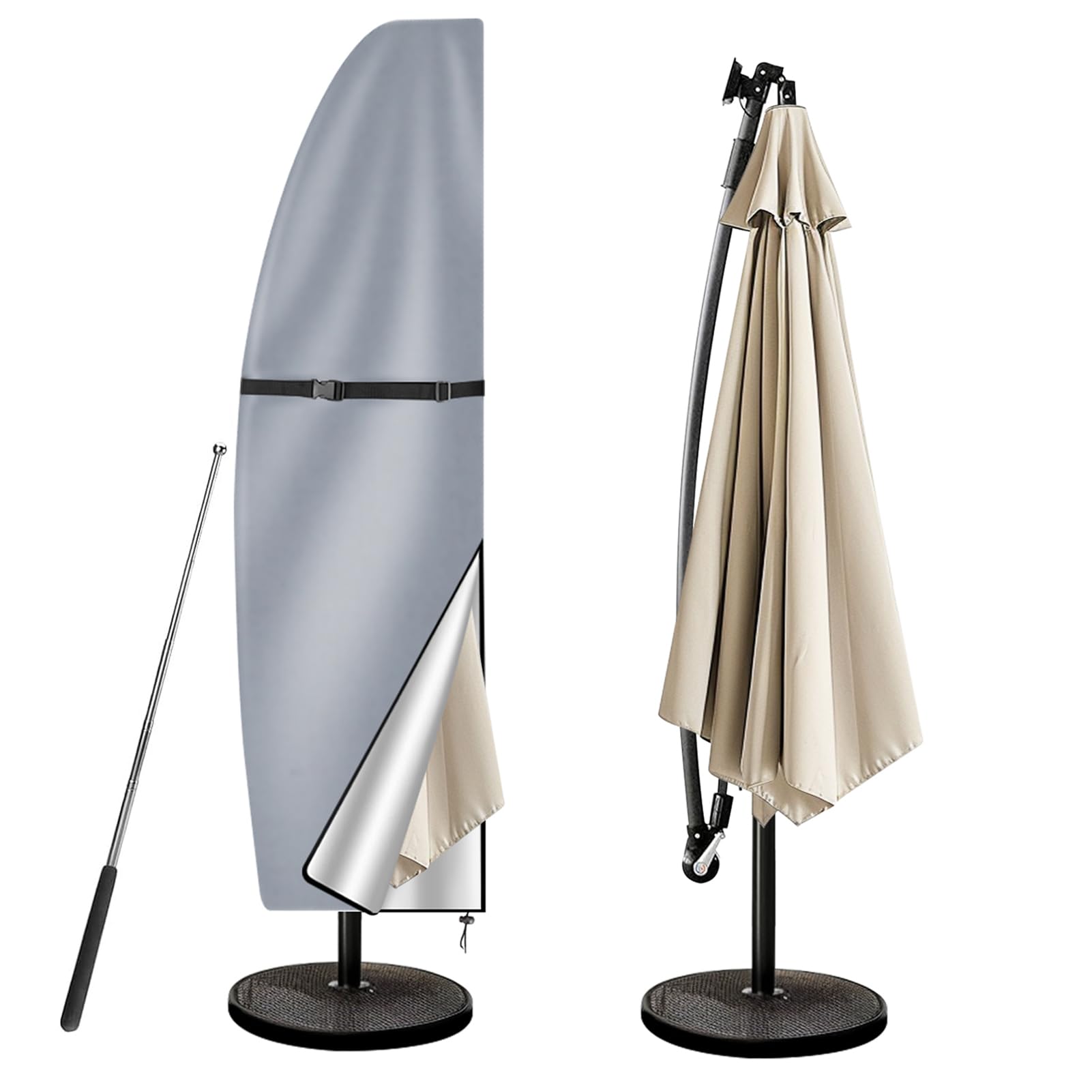 wiipara Parasol Cover with Rod, Parasol Protective Cover fit for Waterproof UV-Block Windproof Large Umbrella Cover with Zip and Storage Bag for Garden Outdoor (Grey, 205x25x57/48(bottom) cm)