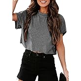 Tankaneo Women Short Sleeve Cropped T-Shirts Crew Neck Loose Crop Tops Summer Casual Drop Shoulder Basic Tees