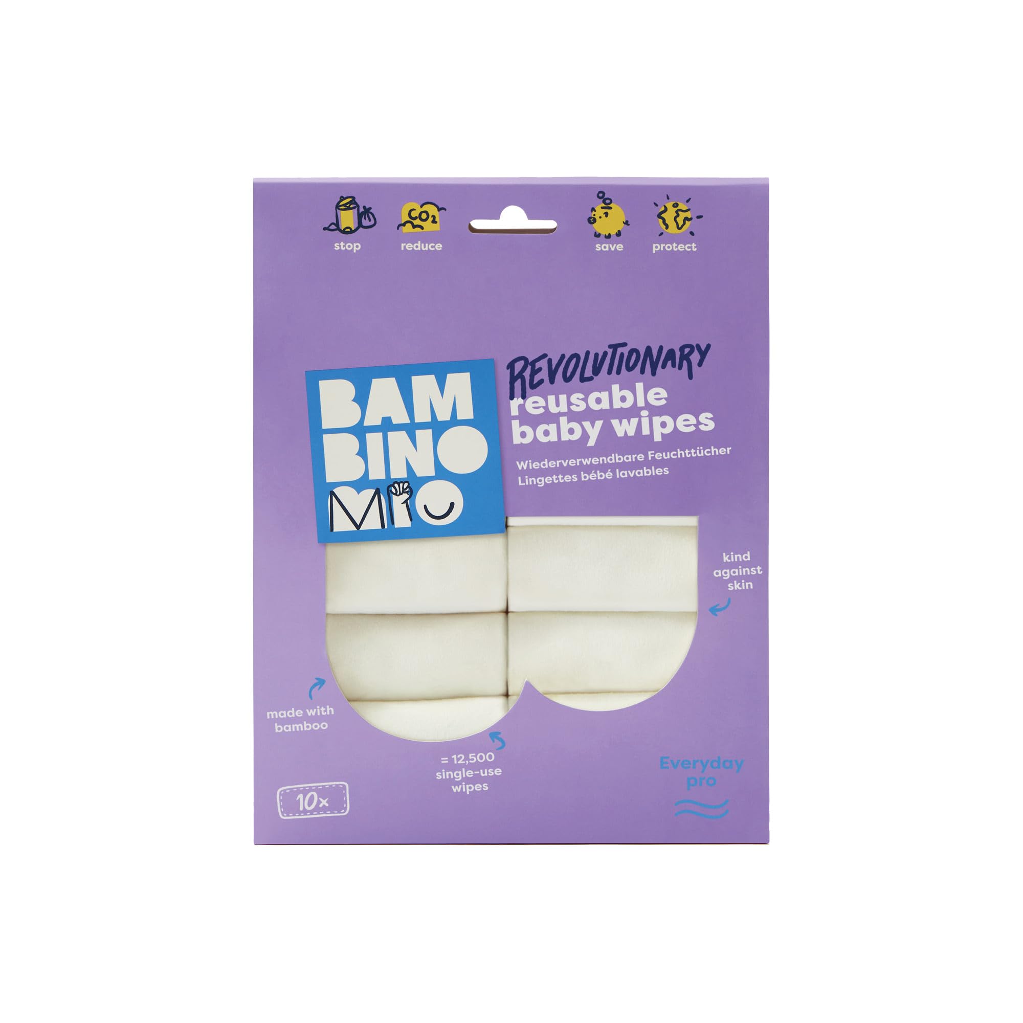Bambino Mio, Reusable Baby Wipes - Everyday Pro - Sustainable and Chemical-Free, Double-Sided Washable Wipes, Pack of 10, Snow - Packaging May Vary