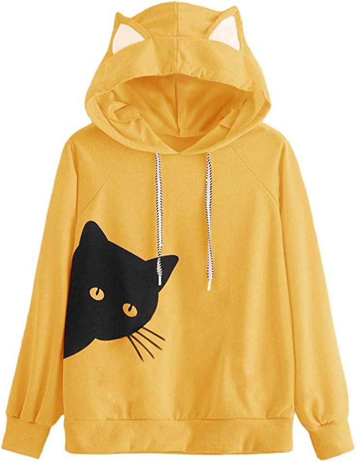 Women Hoodie Cat Long Sleeve Sweatshirt for Women Cotton Halloween Hooded Pullover Tops Blouse