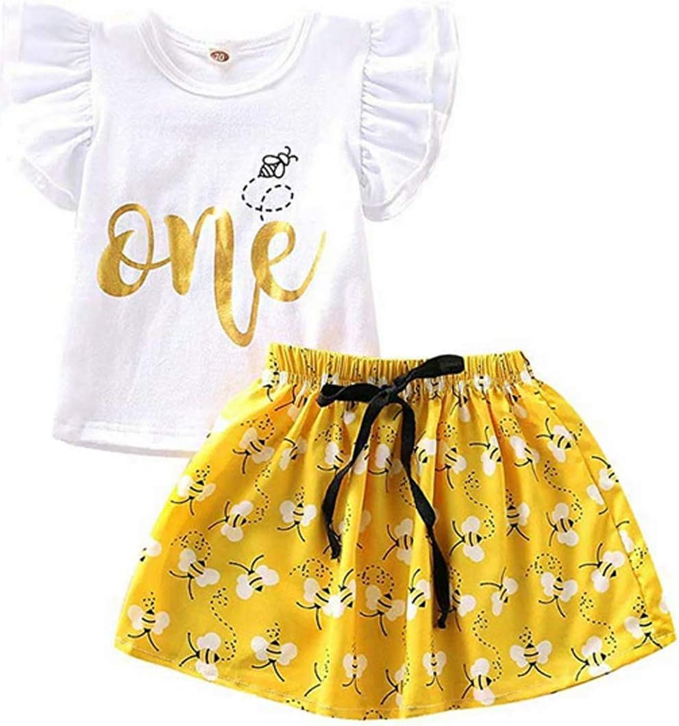 Newborn Baby Girl One Ruffle Long Sleeve Top Bee Printed Floral Long Pants Outfit Set Fall Winter Clothes