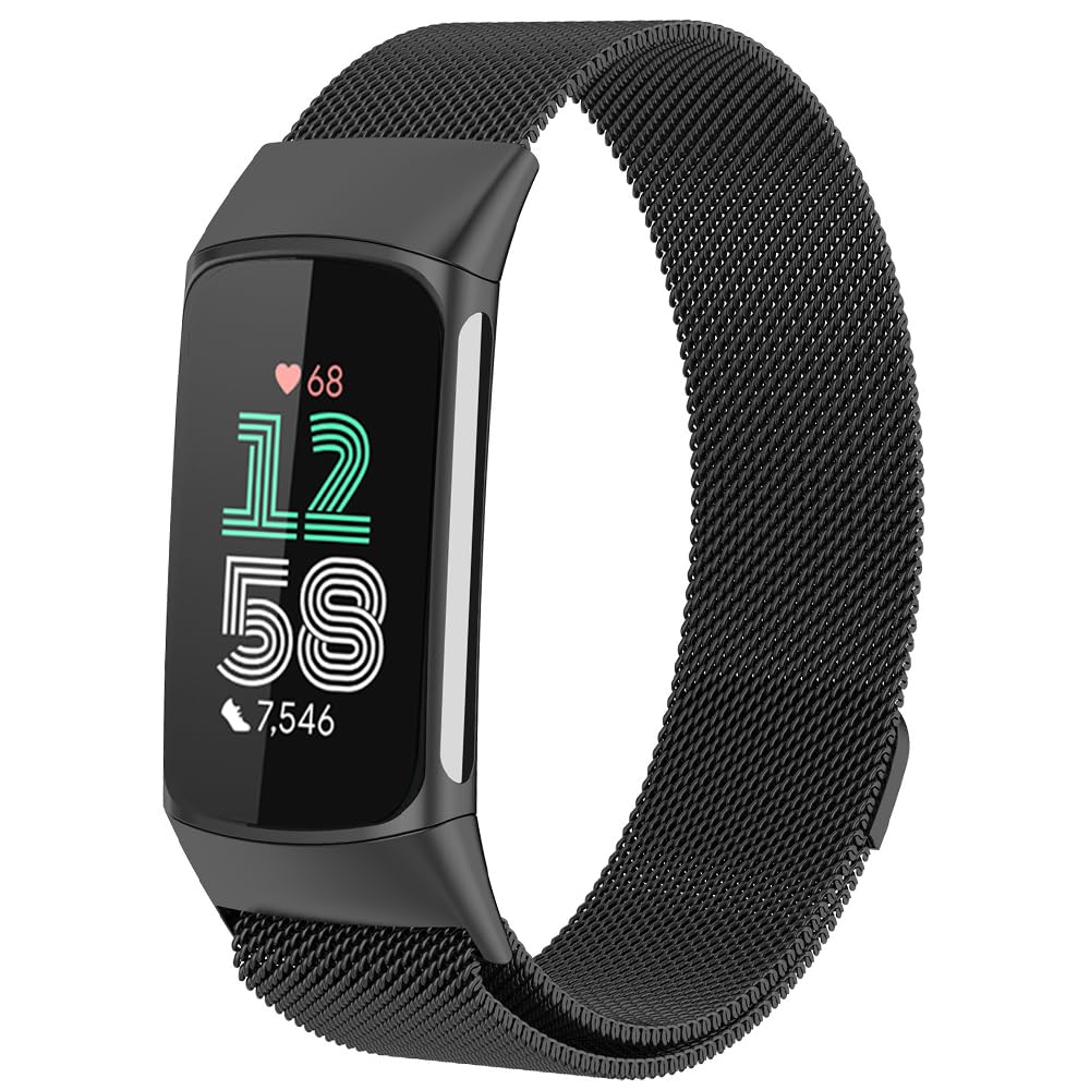 Moydolo Compatible with Fitbit Charge 5 Charge 6 Strap Women Men Girls Boys, Stainless Steel Metal Mesh Adjustable Magnetic Lock Loop Replacement Wristband for Charge 5/6 Band