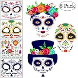 Sugar Skull Face Tattoo Kit, Day of the Dead Halloween Tattoos, Families Temporary Tattoos 8 Packs