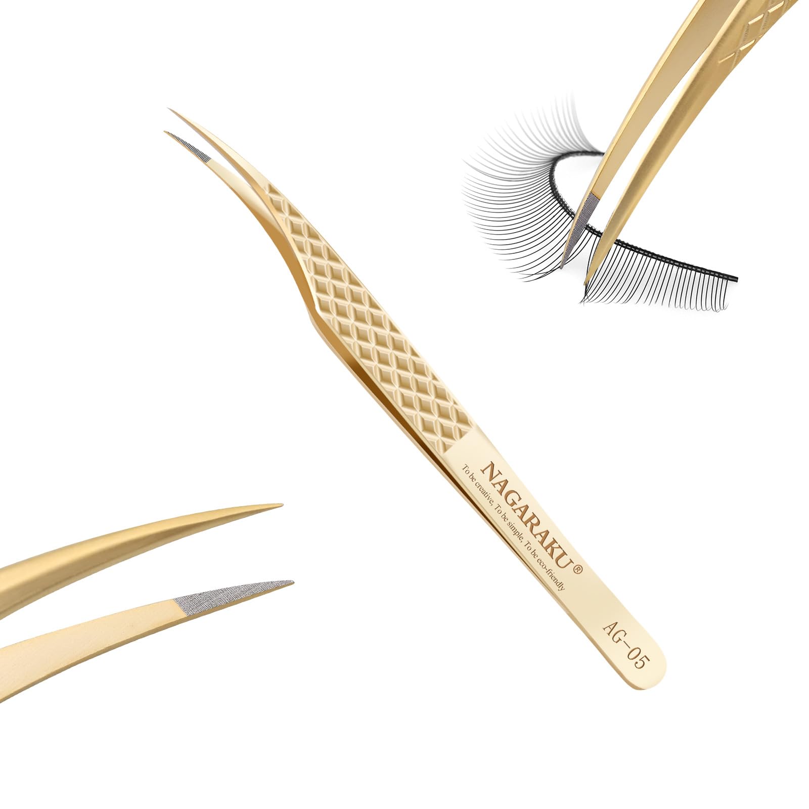NAGARAKU Precision Fiber Tip Grip Tweezer for Eyelash Extensions Diamond Handle Anti-Static Anti-Slip Premium Gold Stainless Steel Eyelashes Tweezers Supplies with Box(Dolphin Tweezer AG-05)