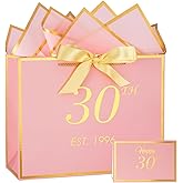 momoake 30th Birthday Gift Bag with Card and Tissue Paper for Women/Her, 1996 30 Year Old 13" Elegant Pink Gold Anniversary Keepsake Party Present Shopping Paper Bags for 30th Birthday Decorations