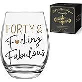 40th Birthday Wine Glass Gifts for Grandma Mom Wife Parents Women Her, Unique 40 Year Old Gifts from Husband Kids, Forty & Fabulous Wine Glass 15oz