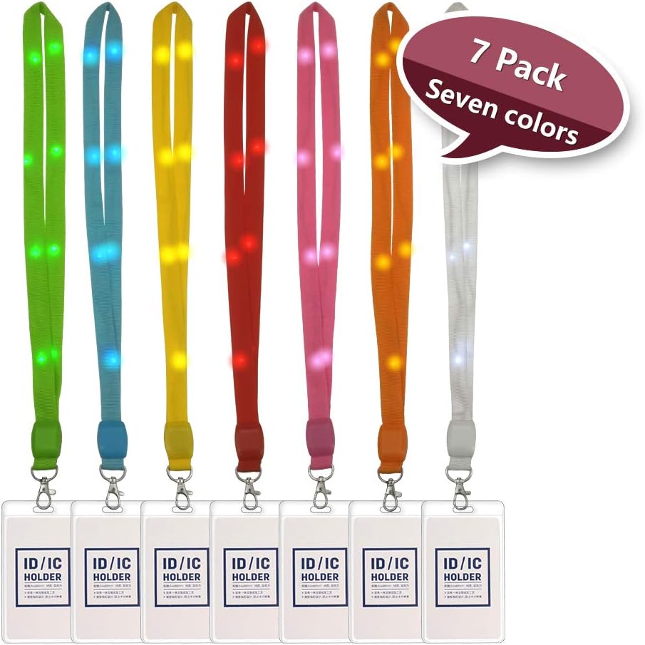 7 Pack LED Lanyards for ID Badges with 3 Flashing Modes, Cruise Lanyard with Clip ID Card Holder, Glow in the Dark Light Up Neck Lanyard Sets, Night Event Party Display Personality