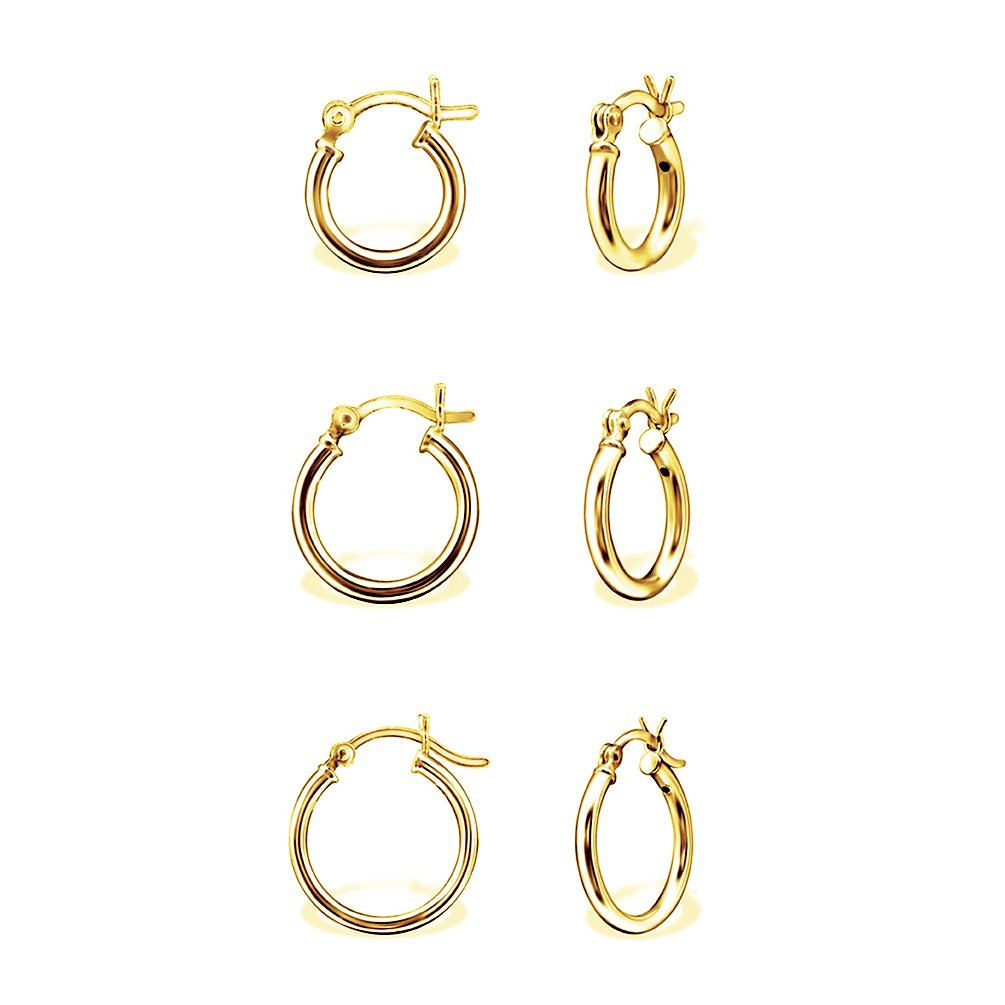 DTPsilver - Set of 3 Pairs of 925 Sterling Silver Yellow Gold Plated - Hinge Hoops/Sleepers/Creole Earrings - Thickness 1.5 mm - Diameter 14, 16, 18 mm