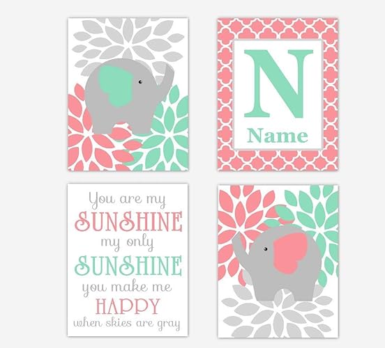 Amazon Com Coral Mint Green Baby Girl Nursery Art Elephant