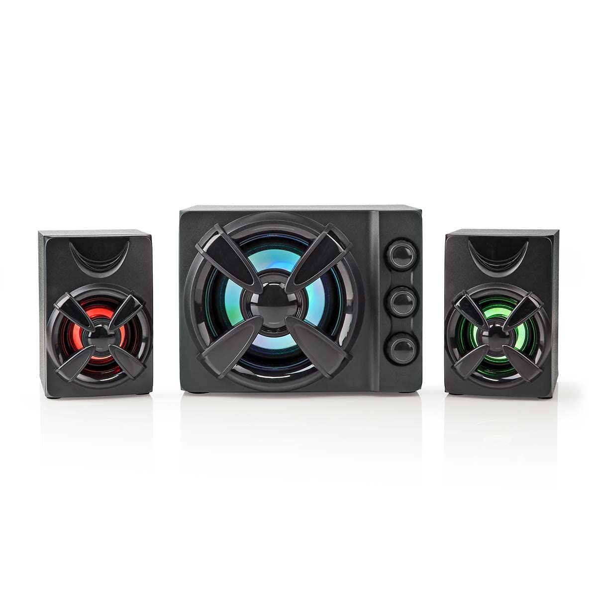 Nedis Gaming Speakers with Subwoofer, USB Powered 2.1 Stereo System, RGB LED Light, Treble Bass Volume Control, 33W Peak Power, 3.5mm Audio, for PC Desktop Laptop Console - Black