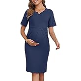 MARI GABRIEL Women's Work Maternity Dresses Semi Formal Short Sleeve V-Neck Front Pleated Office Pregnancy Business Dress