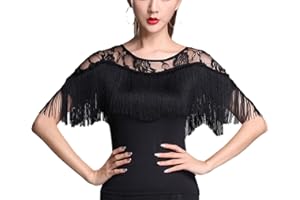 CHAGME Women's Lace Yoke Boat Neck Fringed Bustline Latin Ballroom Dance Tops Shirt Short Sleeve