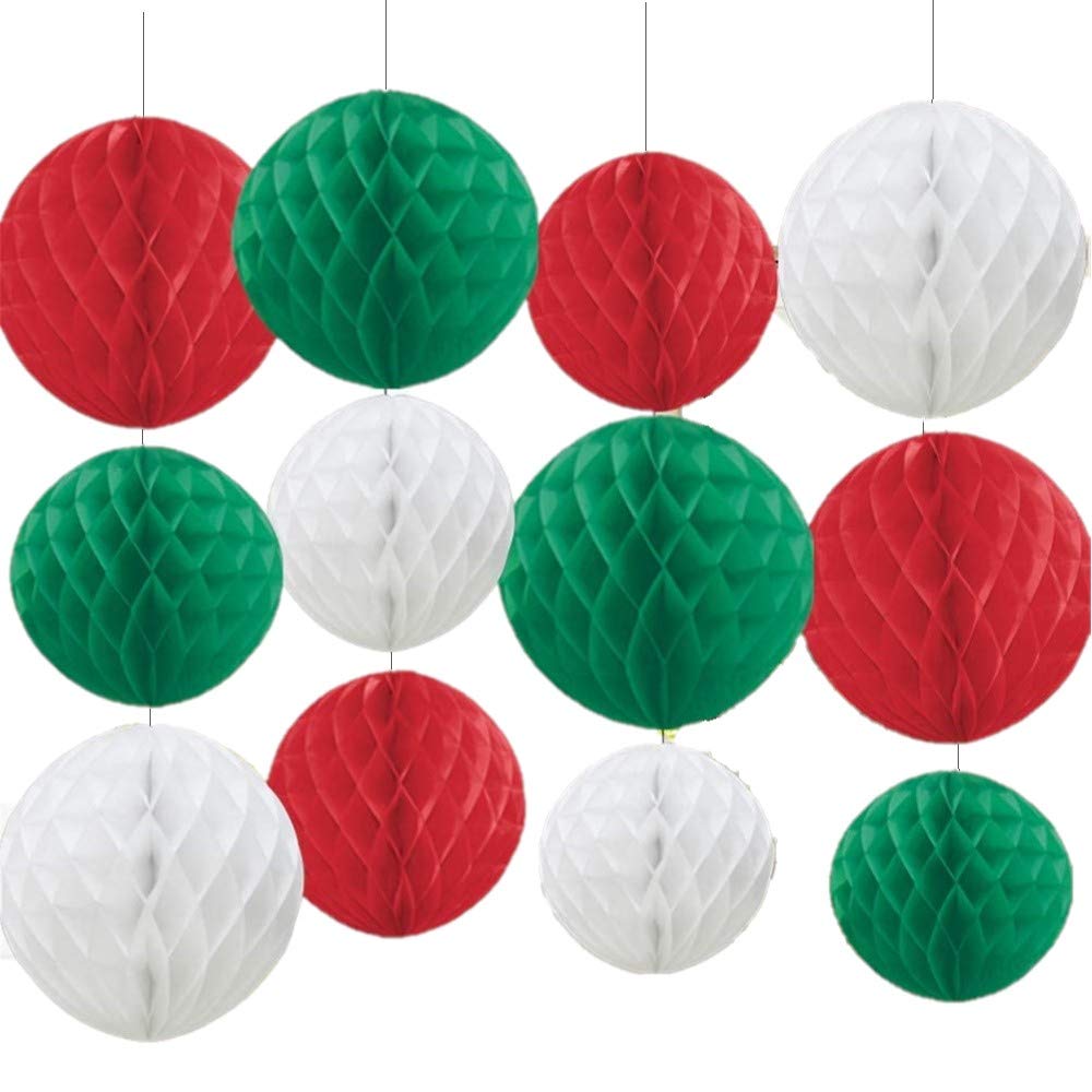 KAHEIGN 12Pcs Christmas Decoration Honeycomb Balls, 3 Colors Large Tissue Paper Pom Poms Pompoms Flower Balls for Christmas Party Supplies Xmas Hanging Accessory