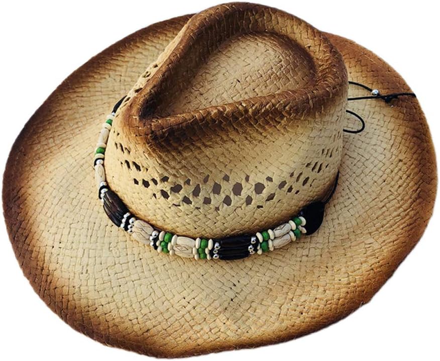 LECOLTH Western Cowboy Hat Female Summer Wild Beach Sunhat Sunscreen Beaded Men's Straw Hat