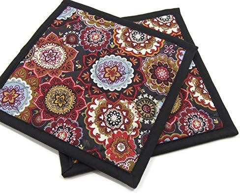 Cotton Pot Holders - Colorful Medallions on Black - Set of Two 8 Inch Kitchen Potholders