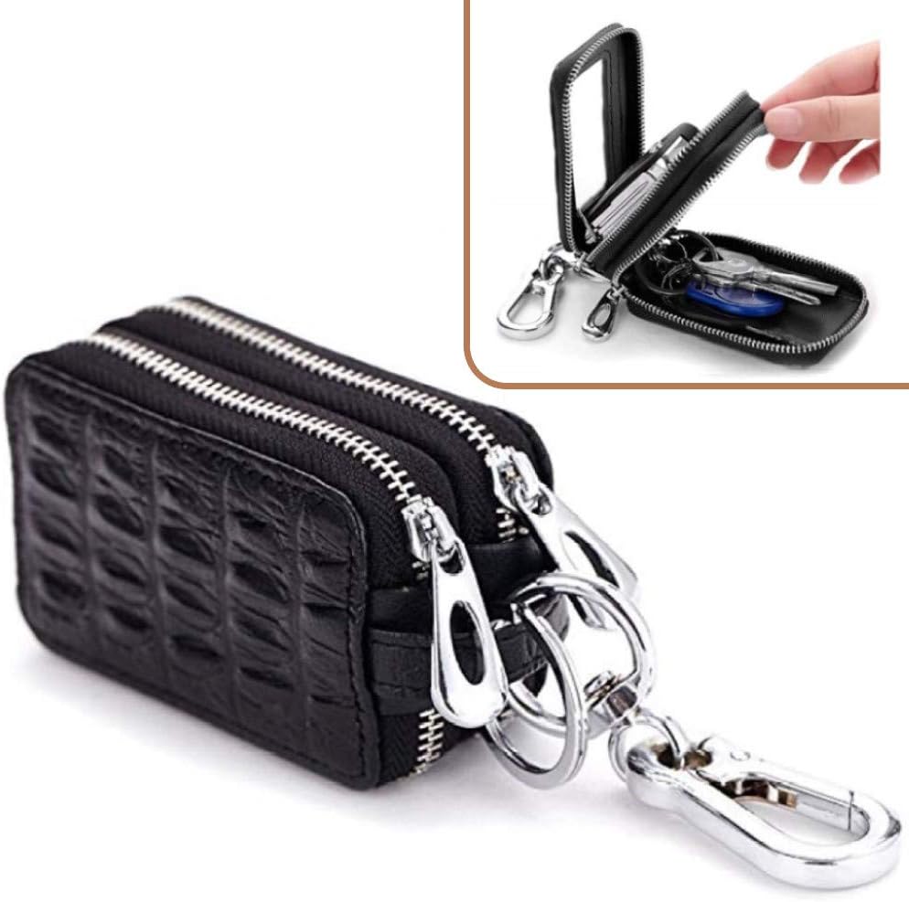 Xzyppci Genuine Leather Car Key Bag with Zipper Double for Auto Remote Key (Black)