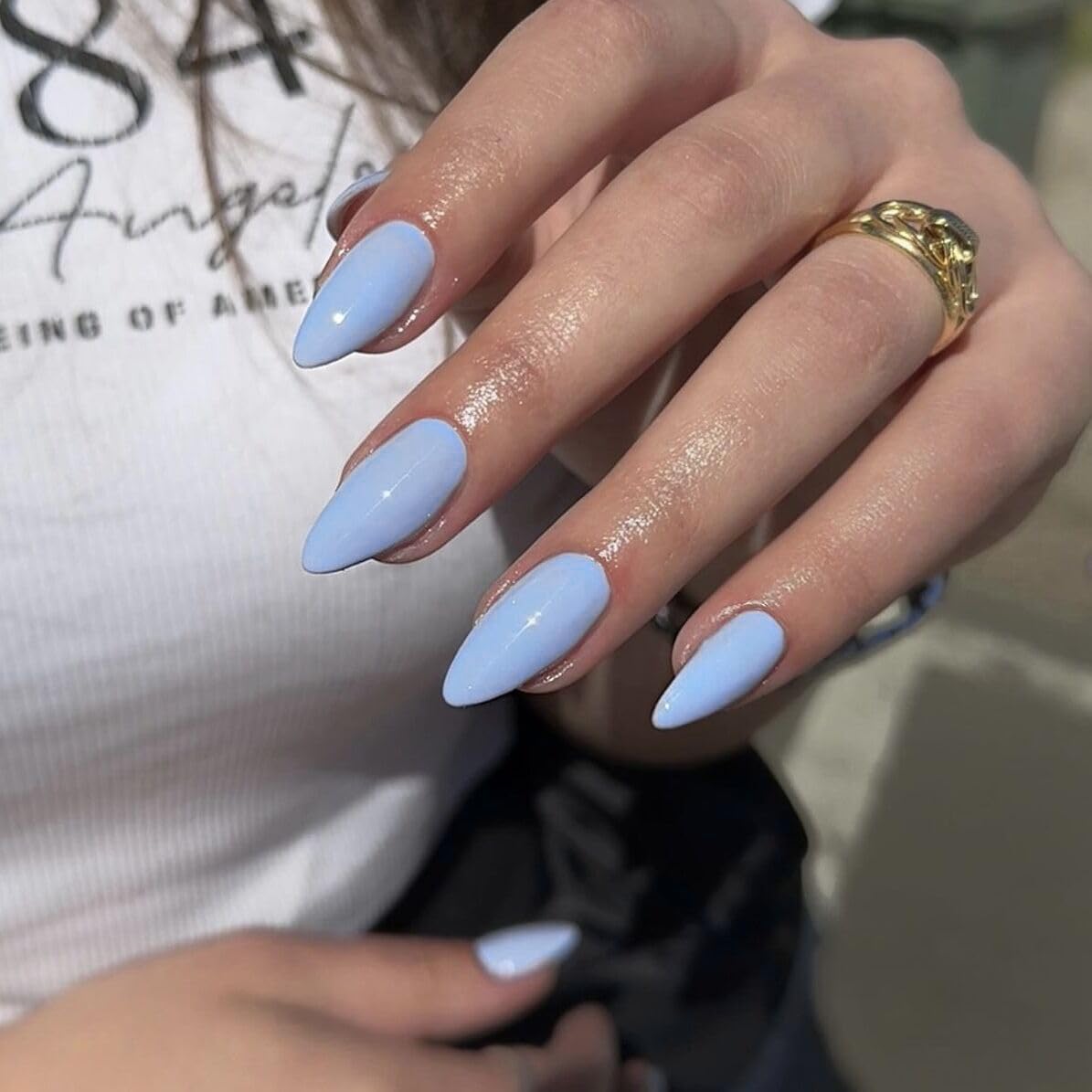 Light Blue Nails Press on Nails Almond Medium, Solid Color Glossy Fake Nails Press Ons Almond Shape, Stick on Nails for Women and Girls Daily Wear in 24PCS - Image 3