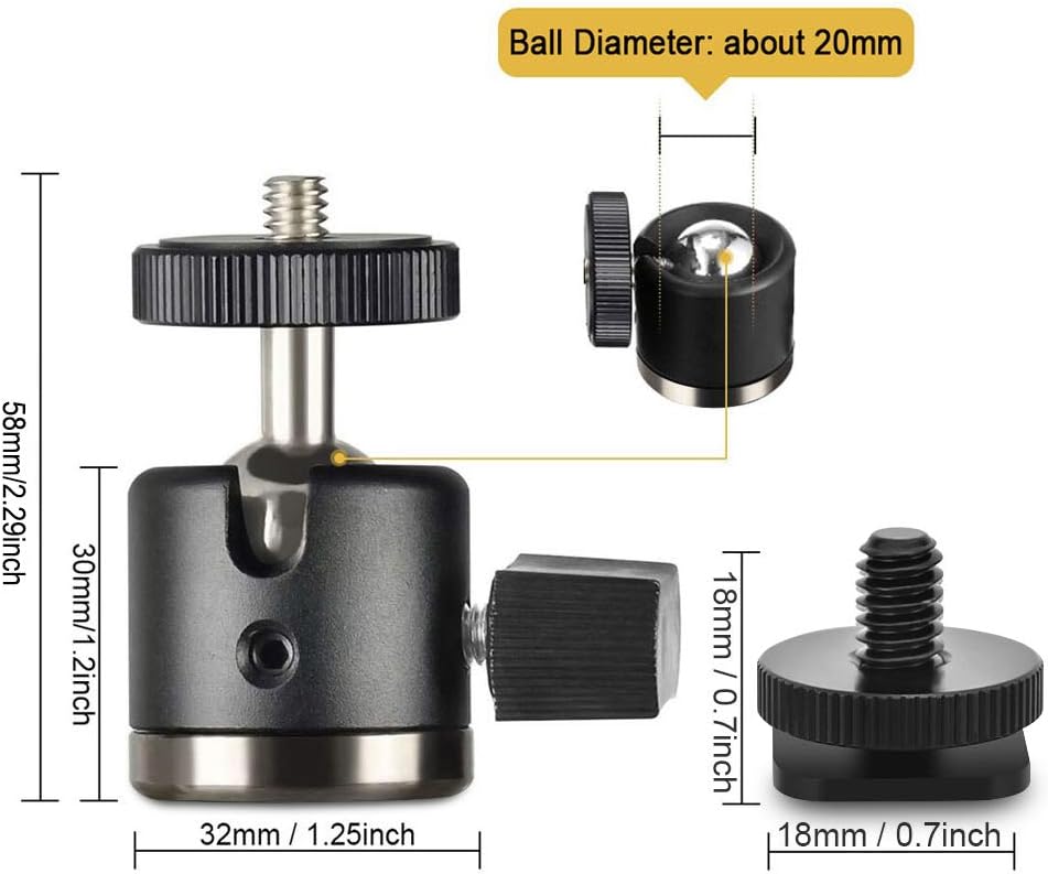 UTEBIT Mini Ball Head with 1/4" Hotshoe Mount Adapter 360 Degree Rotatable Aluminum Tripod Head for DSLR Cameras HTC Vive Tripods Monopods Camcorder Light Stand, Max. Load 6.6lbs : Camera & Photo