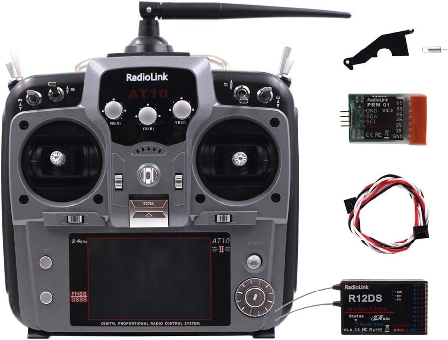 AKDSteel Radiolink AT10II 12CH RC Transmitter and Receiver R12DS 2.4GHz DSSS&FHSS Spread Radio RE-Mote Controller for RC Drone/Fixed Wing/Multicopters/Helicopter-Left Hand Throttle Grey for Car Toys