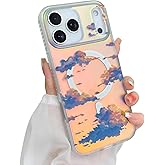 Heaofei Cute Case for iPhone 17 Pro Max Case for Women Girls [ Compatible with Magsafe ] Aesthetic Cloud Pattern Design, Girly Glitter Sparkly Bling Protective Phone Cover, Iridescent Sun Set Sky