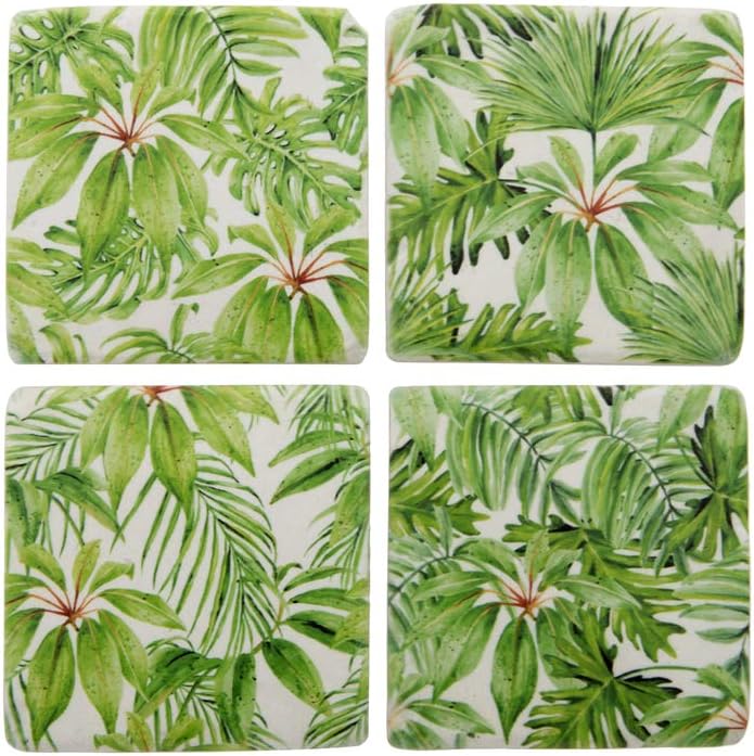 Set 4 French Shabby Chic Ceramic Tile Coasters (Palm Leaf)