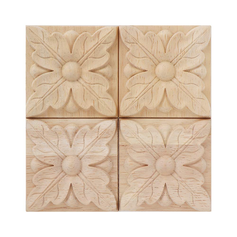 KIMISS Decorative Mouldings Wooden Architrave Corner Blocks Rubber Wood 4Pcs Carving Checkered Applique Unpainted Decal For Furniture Decoration (C) (Type 1)