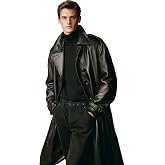 WPKDS Men's Real Cowhide Leather Trench Coat - Slim Fit Double Breasted | Black Full Length Windproof Waterproof Overcoat with Adjustable Belt