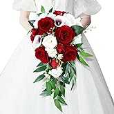 EUBUY Wedding Bouquets for Bride, 10 Inch White Wine Red Calla Lily and Rose Artificial Toss Bouquet Wedding Outdoor Rustic Waterfall Cascading Bridal Bouquets for Wedding Ceremony and Anniversary