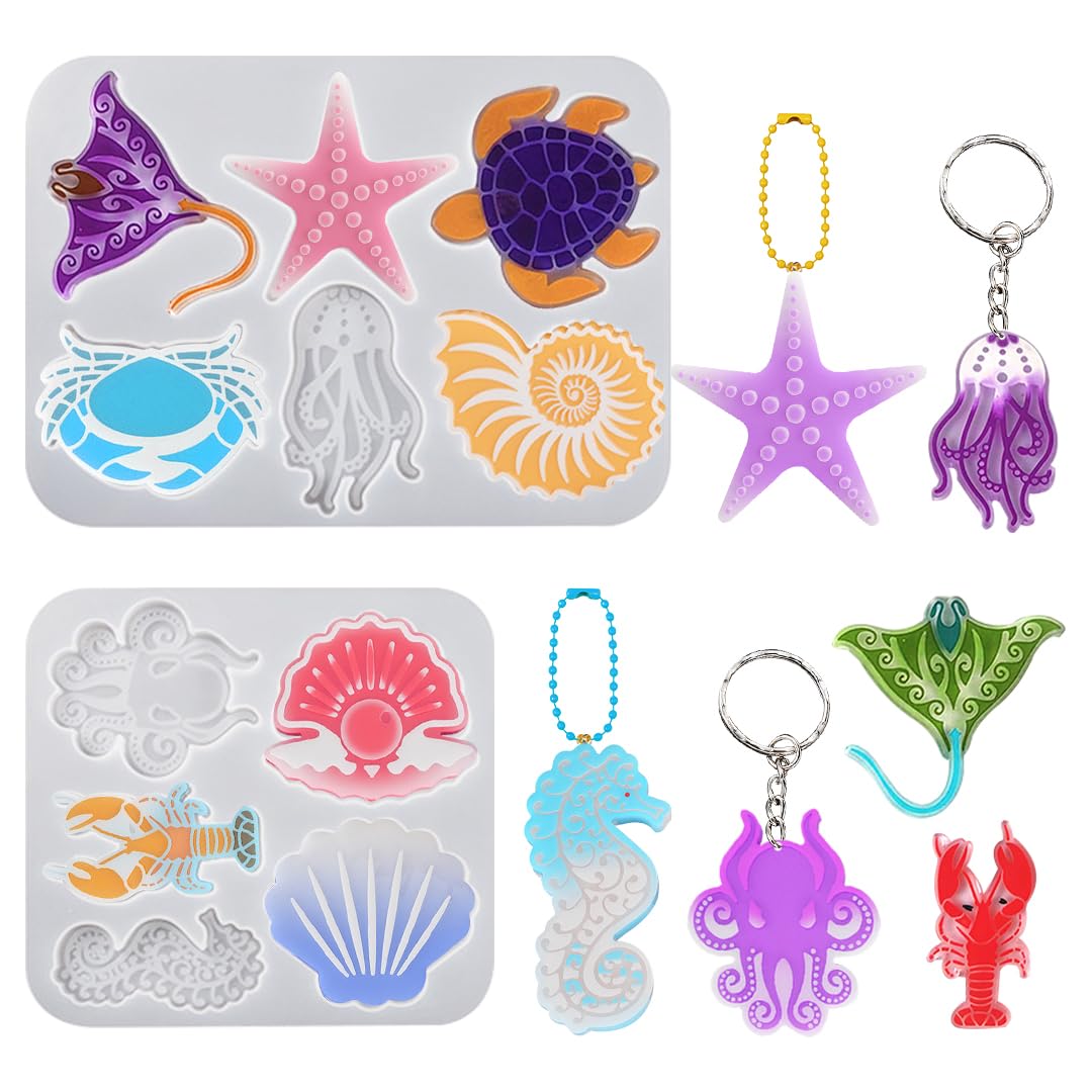 Zayookey 2Pcs Keyring Resin Moulds Silicone Moulds Pendant Shell Turtle Starfish Octopus Crabs Jellyfish Epoxy Moulds Small Sea Animal Casting Moulds Sea Horse Moulds