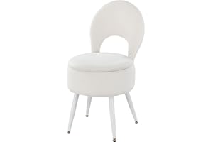 ZYKZYK Vanity Stool with Storage and Backrest, Folding Back & Velvet Seat, Footrest, Round Ottoman with Sherpa, Vanity Chair with Storage, Ideal for Bedroom, Living Room, and Makeup Stations