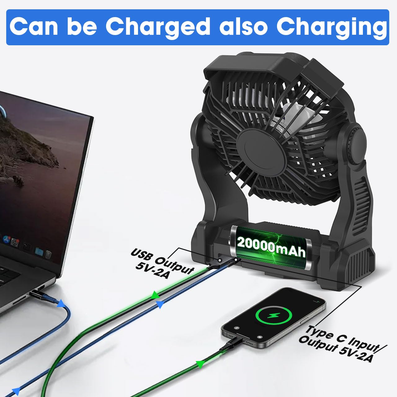 Portable Camping Fan with LED Light, 20000mAh Rechargeable Battery, Adjustable Brightness & Speed, Hanging & Handheld Design, Long-lasting Power for Camping, Hiking, Fishing, Travel, and Home（Black）