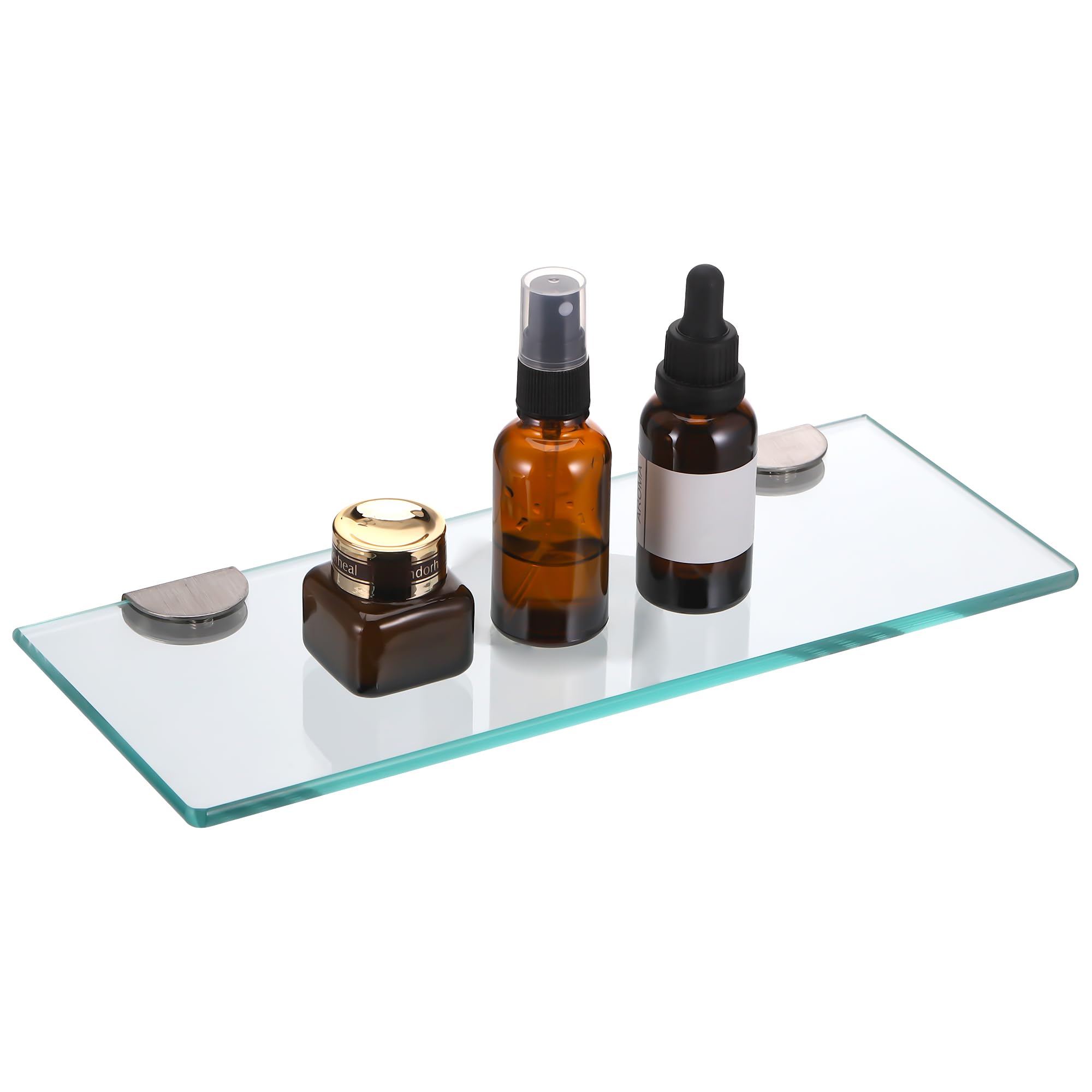 JIZZU 1PC Glass Bathroom Shelf Wall Mounted 30CM, Rectangular Glass Shelf 6MM Thick Tempered Glass Shelf, Floating Glass Shelves Transparent with Chrome Plated Brushed Brackets for Bathroom, Bedroom