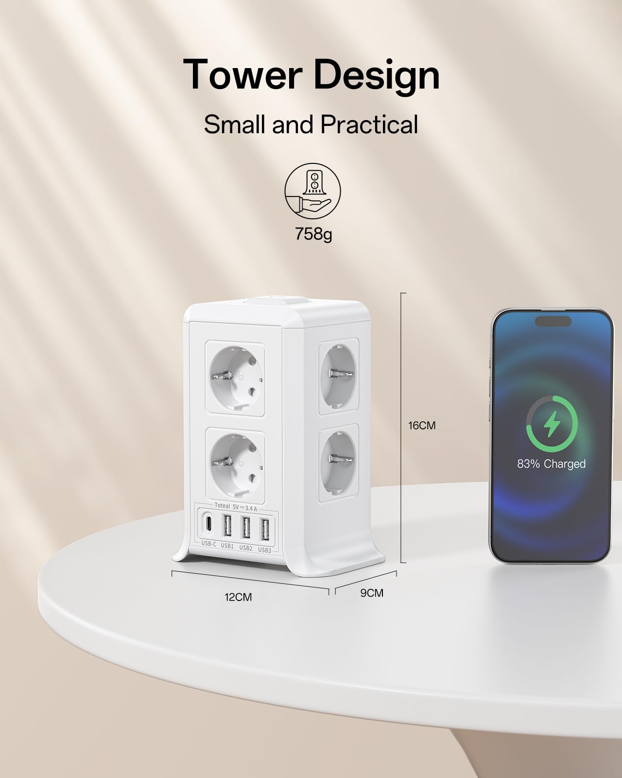 Mehrfachsteckdose mit USB-C, 8 Fach Steckdosenleiste mit Schalter, Steckerleiste mit 4 USB, Mehrfachstecker 2M Verlängerungskabel, Steckdosenwürfel mit Überspannungsschutz für Zuhause, Büro,Küche 5