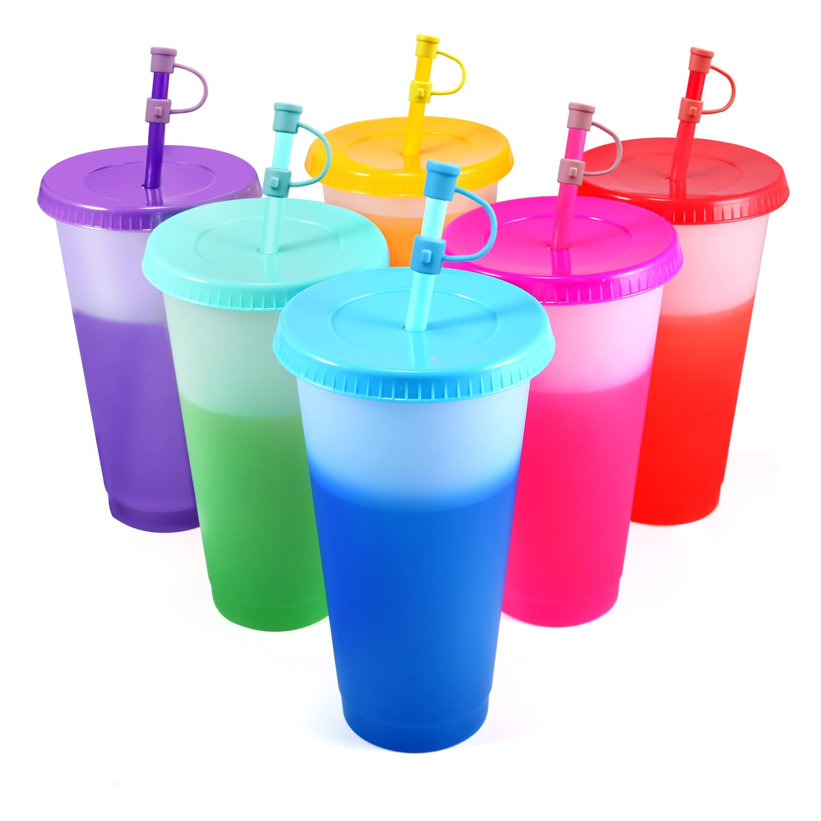 EASEVE Colour Changing Cups Tumblers with Lids & Straws Cover - 6 Pack 24oz Reusable Plastic Iced Coffee Cup Party Tumbler for Adults Travel Mugs for Drinks (with Straw Cover)
