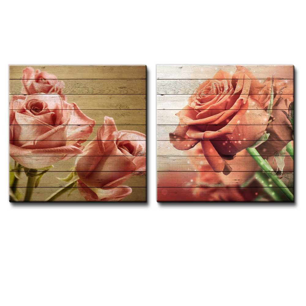 wall26 - Bouquet of Vintage Pink Roses Along with a Bouquet of Orange Roses Over Wooden Panels - Can