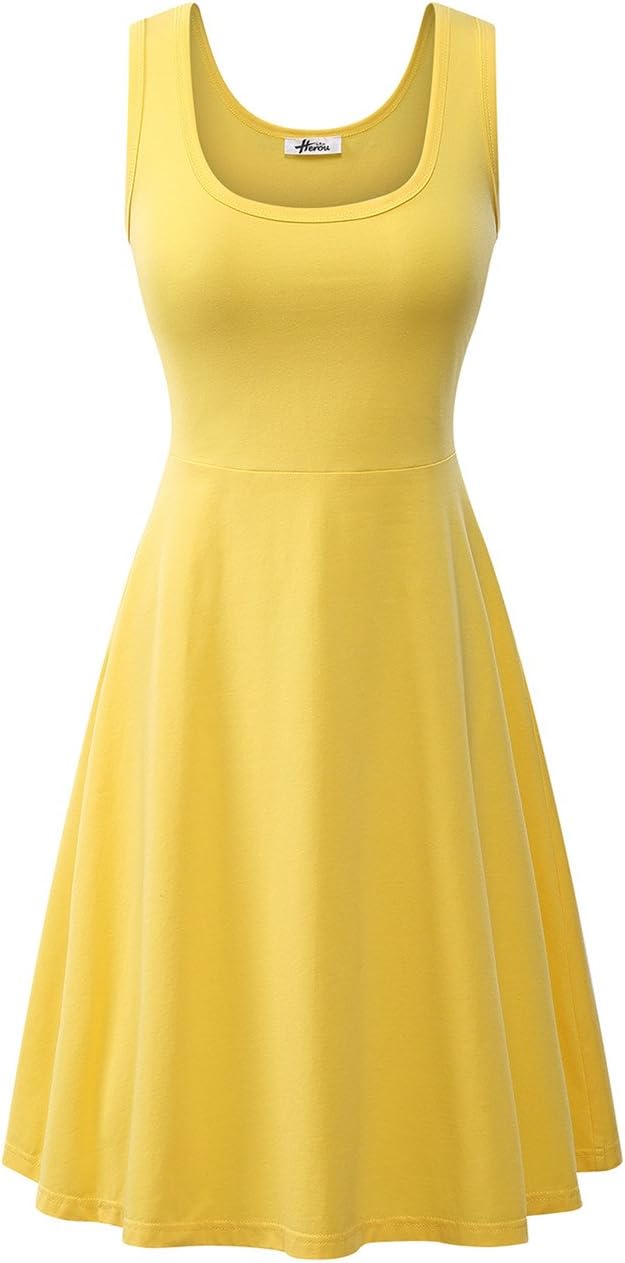 Yellow Women Dress Cotton Sundress Knee Scoop Neck Skater Dress 1-Yellow M