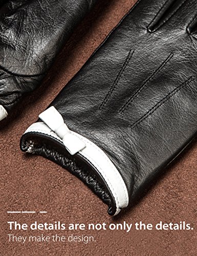 YISEVEN Women's Touchscreen Sheepskin Leather Gloves White Bow Knot Wool or Fleece Fur Lined Luxury for Ladies Winter Accessories Hand Warm Dress Motorcycle Driving Xmas Gifts, Black 7"/Medium