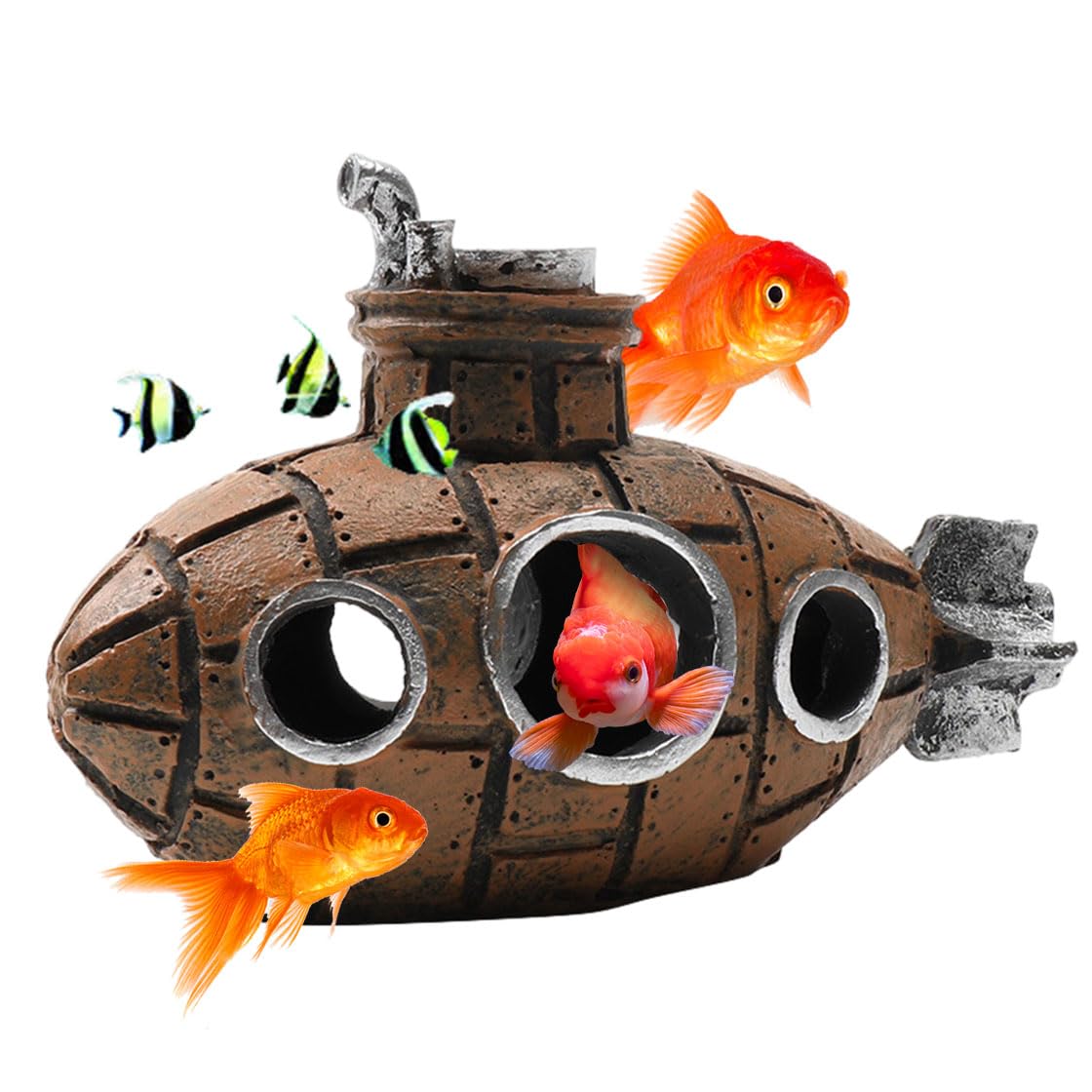 HyzaPhix Aquarium Ornaments Submarine Fish Tank Decoration Fish Hideaway Ornaments Shipwreck Resin Swim-Through Decor for Small Betta AquaticPets