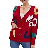 Women's Sheep Embroidered Sweater V-Neck Cardigan – Cable Knit Open Front Coat with Rainbow Buttons Sweater Coat Outwear